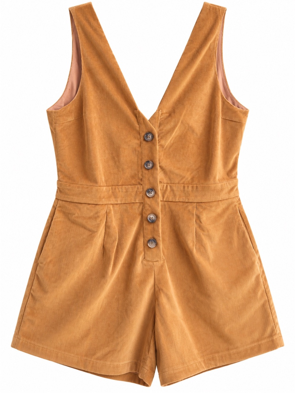 Pink Lily Camel Corduroy Button Front Romper | Sleeveless V-Neck | Fall Boho XL